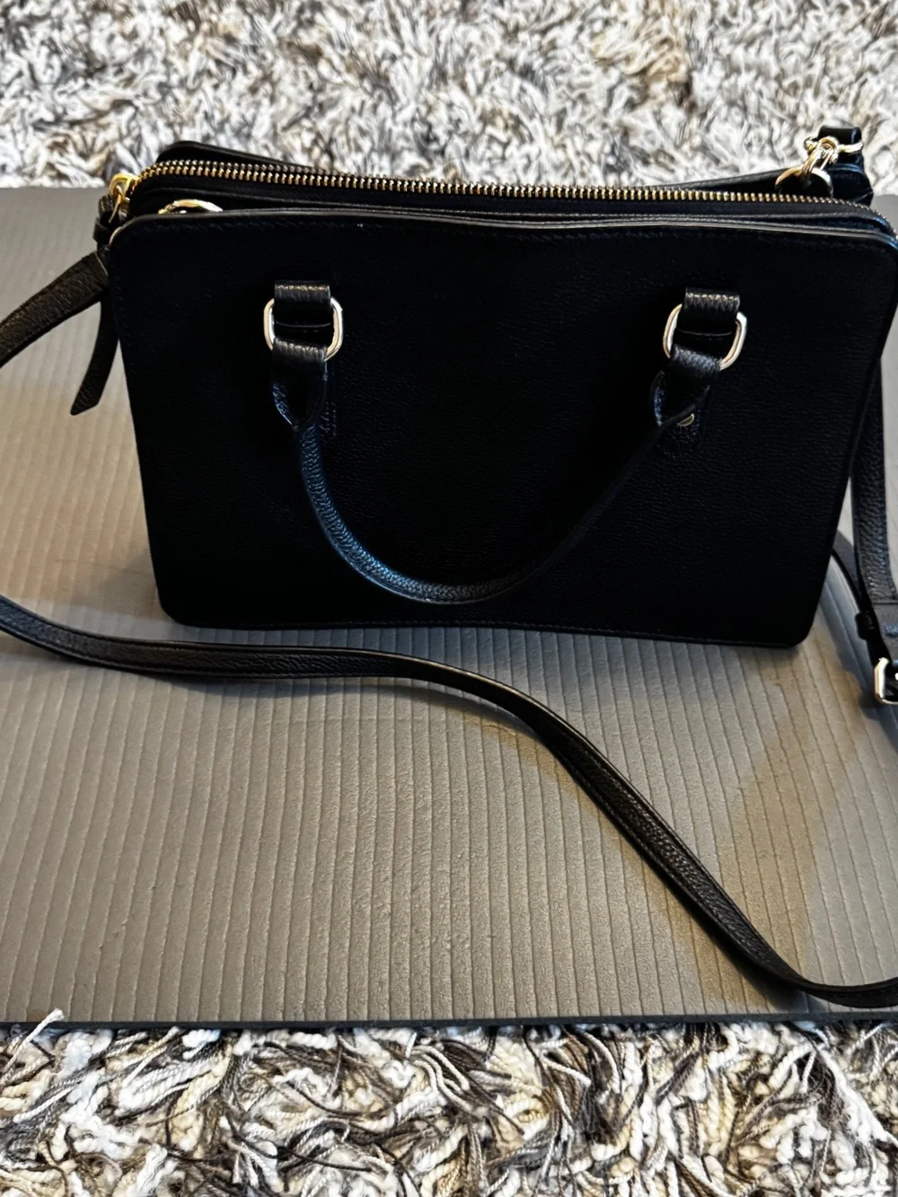 kate spade Black Leather Double-Compartment Satchel with Gold Hardware